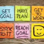 set goal, make plan, work, stick to it, reach goal - a success concept presented with colorful sticky notes