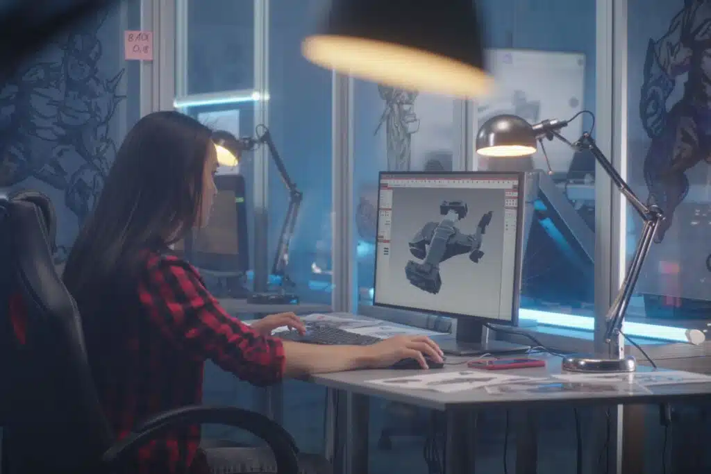 girl sitting at a desk looking at a 3d-animation on a computer screen